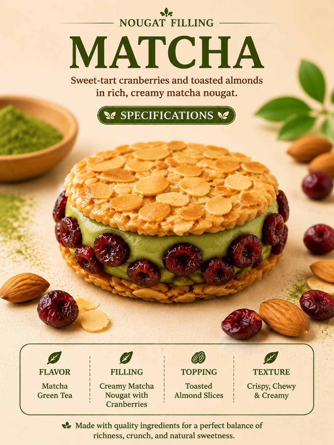 🍒 Cranberry & Matcha Nut Crispy Sandwich Macarons ✨ Healthy Almond Snack-June