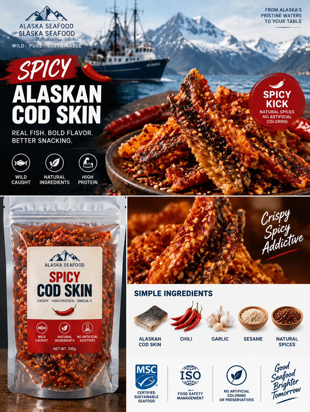 Premium Crispy Spicy Cod Skin Snack | Crunchy Seafood Chips-June