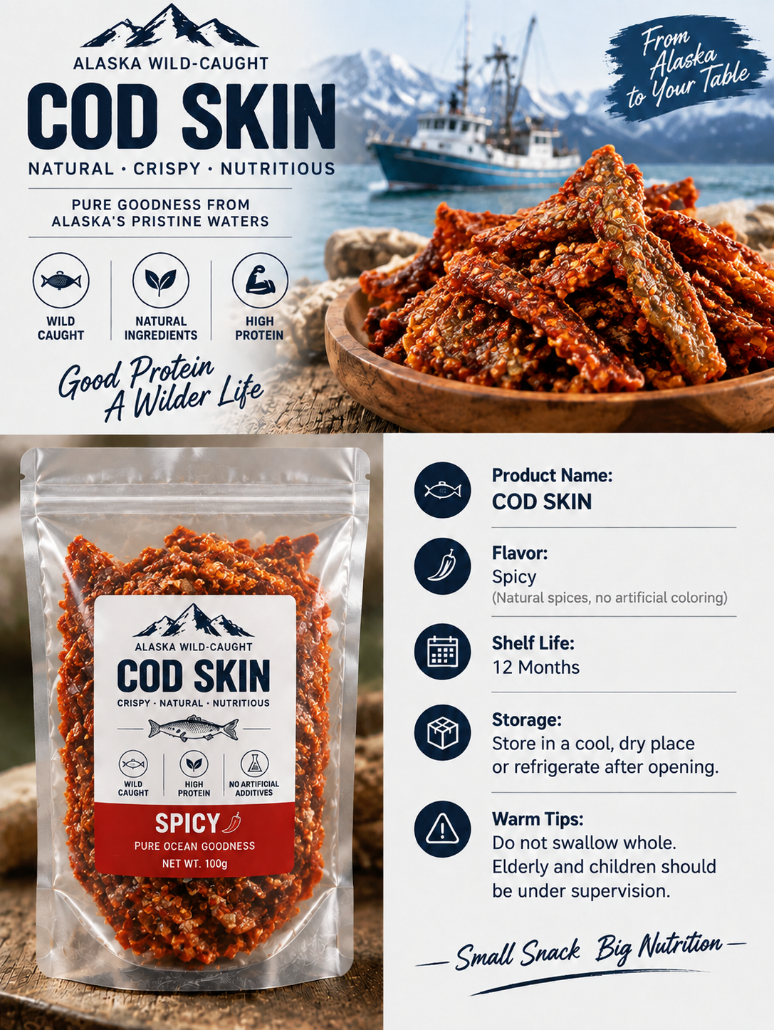 Premium Crispy Spicy Cod Skin Snack | Crunchy Seafood Chips-June