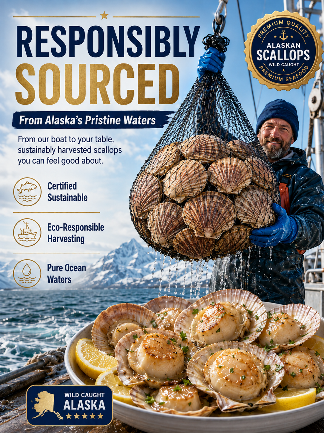 🐚 Wild Alaskan Scallops – Naturally Sweet, Tender & Packed with Flavor ✨